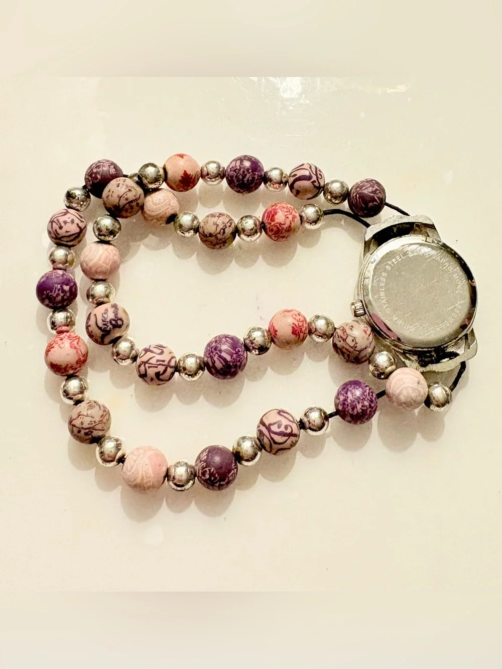 Viva Beads Women's Analog Quartz Beaded Bracelet Watch White Dial Silver Tone